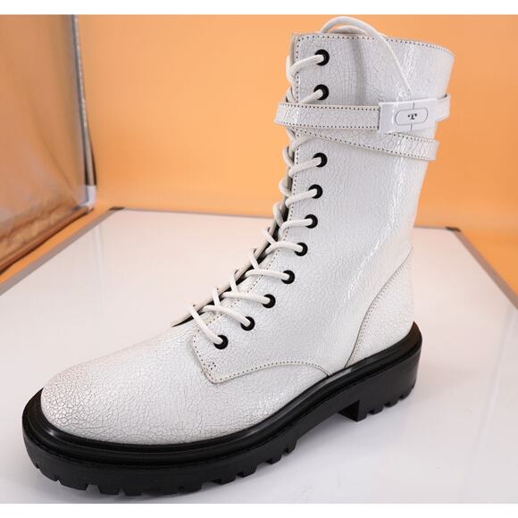 Tory Burch Combat White Crackled Suede Lace Up Ankle Boots SZ 10 Lug Logo $495 - Picture 9 of 9